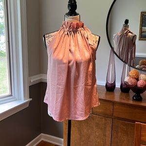 Glamaker satin sleeveless tank. rouched neck with side tie. NWT.